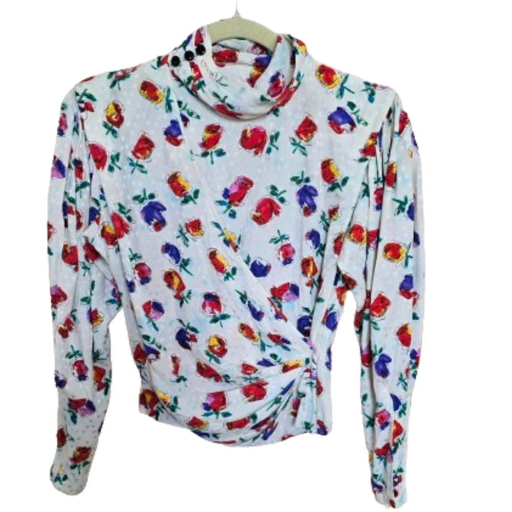 Vintage Ungaro Silk Floral Surplice Wrap Side Zip Blouse Small